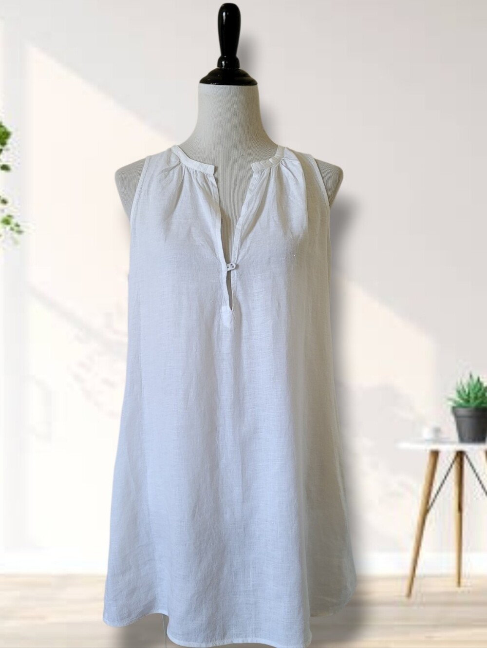 EILEEN FISHER Irish Linen White Sleeveless Tunic Mini Dress M Pockets